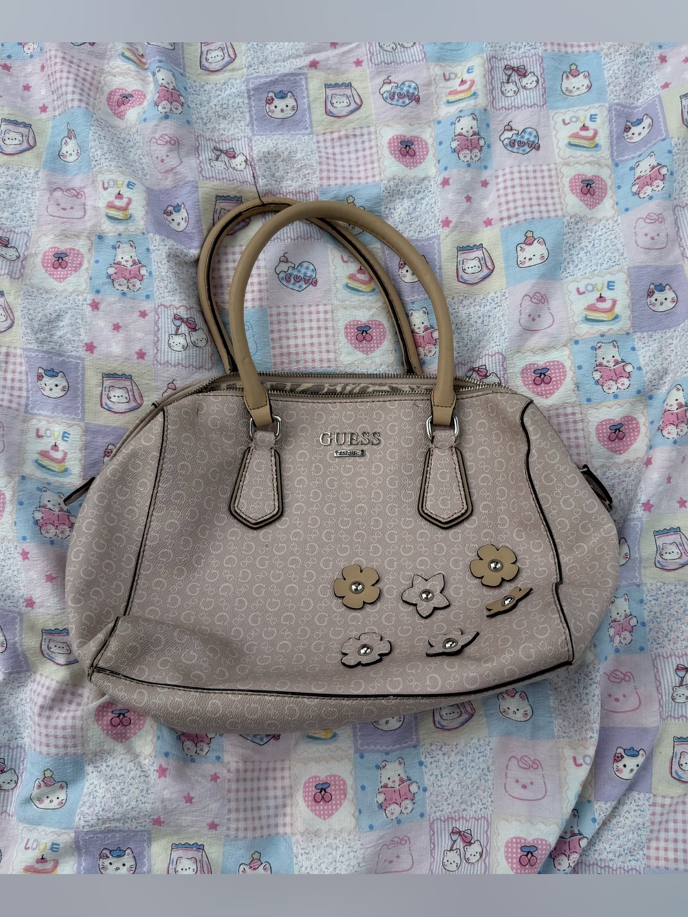 Vintage Guess Floral Accent Satchel Handbag with leopard interior